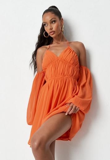 Demi Jones Edit Orange Chiffon Halterneck Mini Dress | Missguided (UK & IE)
