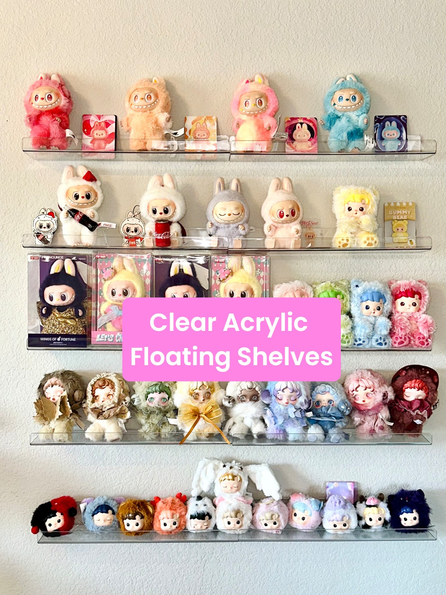15 inch clear acrylic floating shelves. Perfect to display your decorative items. I used it to display our #Labubu and other Popmart collections
