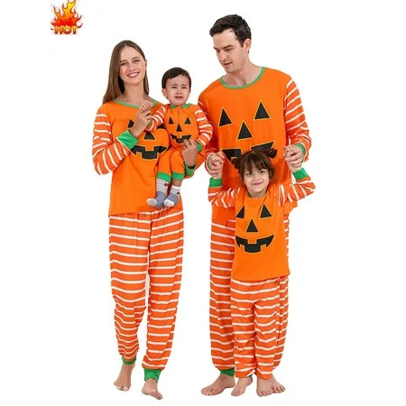Pudcoco Family Halloween Pajamas Halloween Stripe Pumpkin Print Round Neck Long Sleeve Tops+ Long Pa | Walmart (US)