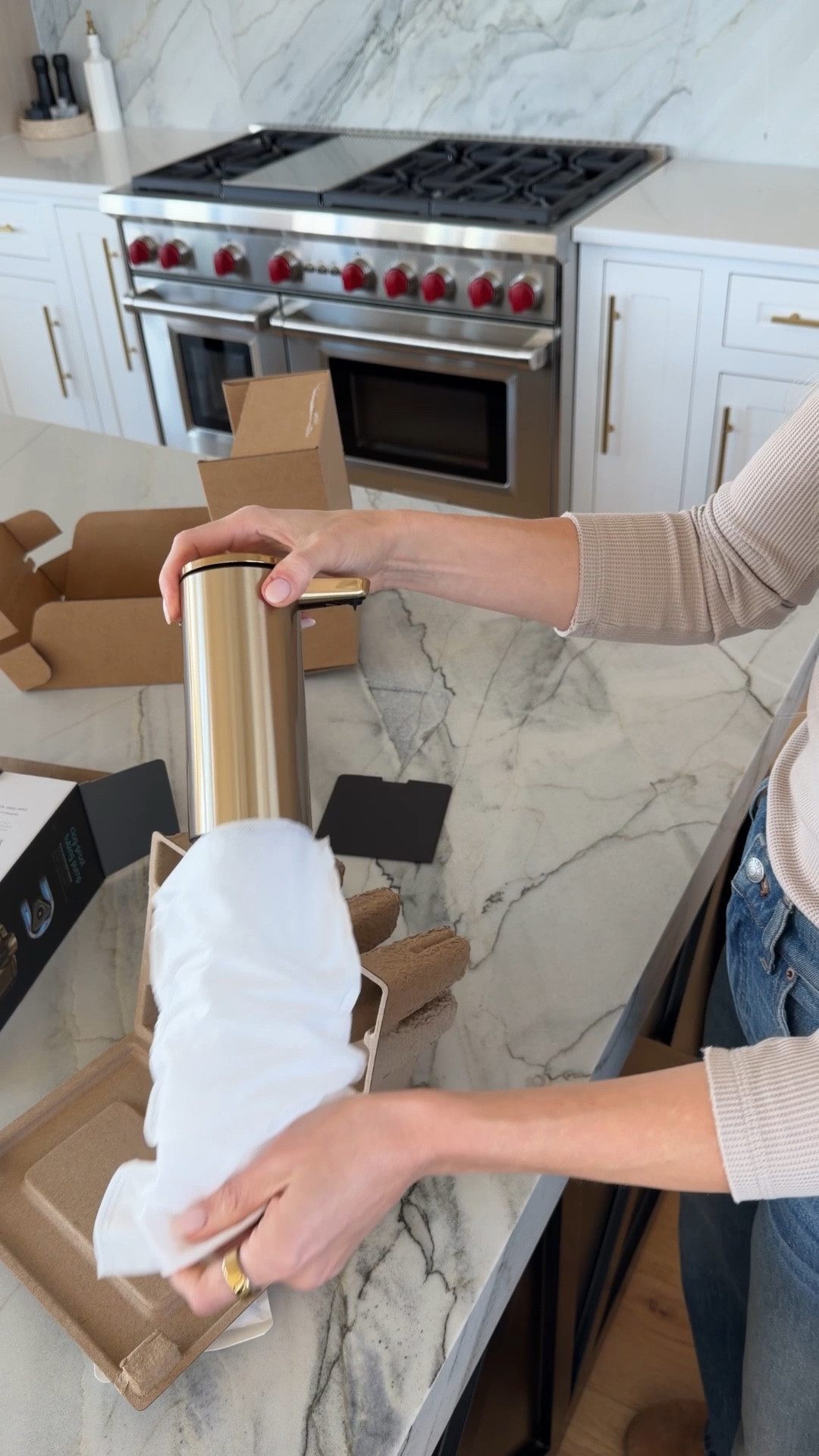 I’ve shared this before, but it’s still one of my most used pieces in our kitchen. #ad This luxury automatic soap dispenser looks so good on the counter and actually works beautifully for everyday life. It comes in four color options, which makes it easy to match your space. This finish ties in perfectly with our brass and black fixtures and blends seamlessly into a neutral kitchen.

Our kitchen stays pretty minimal, so I love when something functional also feels intentional. Between the stone countertops, simple cabinetry, and warm metal accents, this fits right in without standing out in the wrong way. We have these throughout the house, but this one lives front and center because it just works.

#Wayfair #WayfairPartner @wayfair

#LTKSaleAlert #LTKHome #LTKmomlife