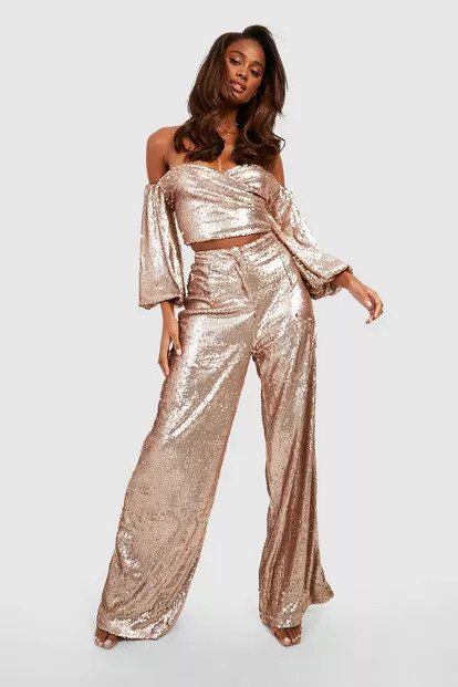 Matte Sequin Wide Leg Trousers | Boohoo.com (US & CA)