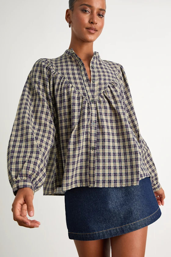 Hartlen Navy Plaid Cotton Button-Front Long Sleeve Top | Lulus