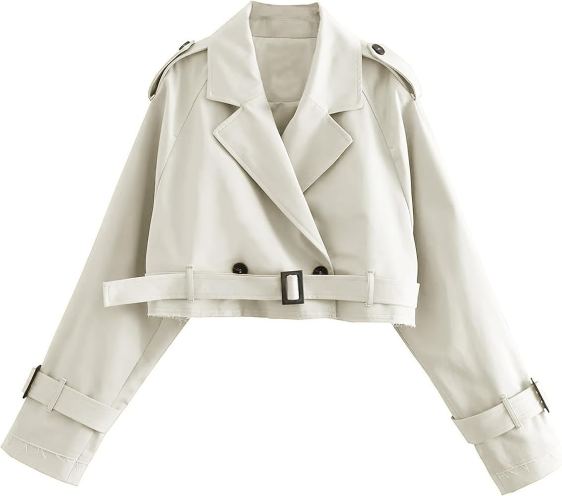 Faleave Womens Cropped Jacket Long Sleeve Belted Trench Coat Solid Color | Amazon (US)