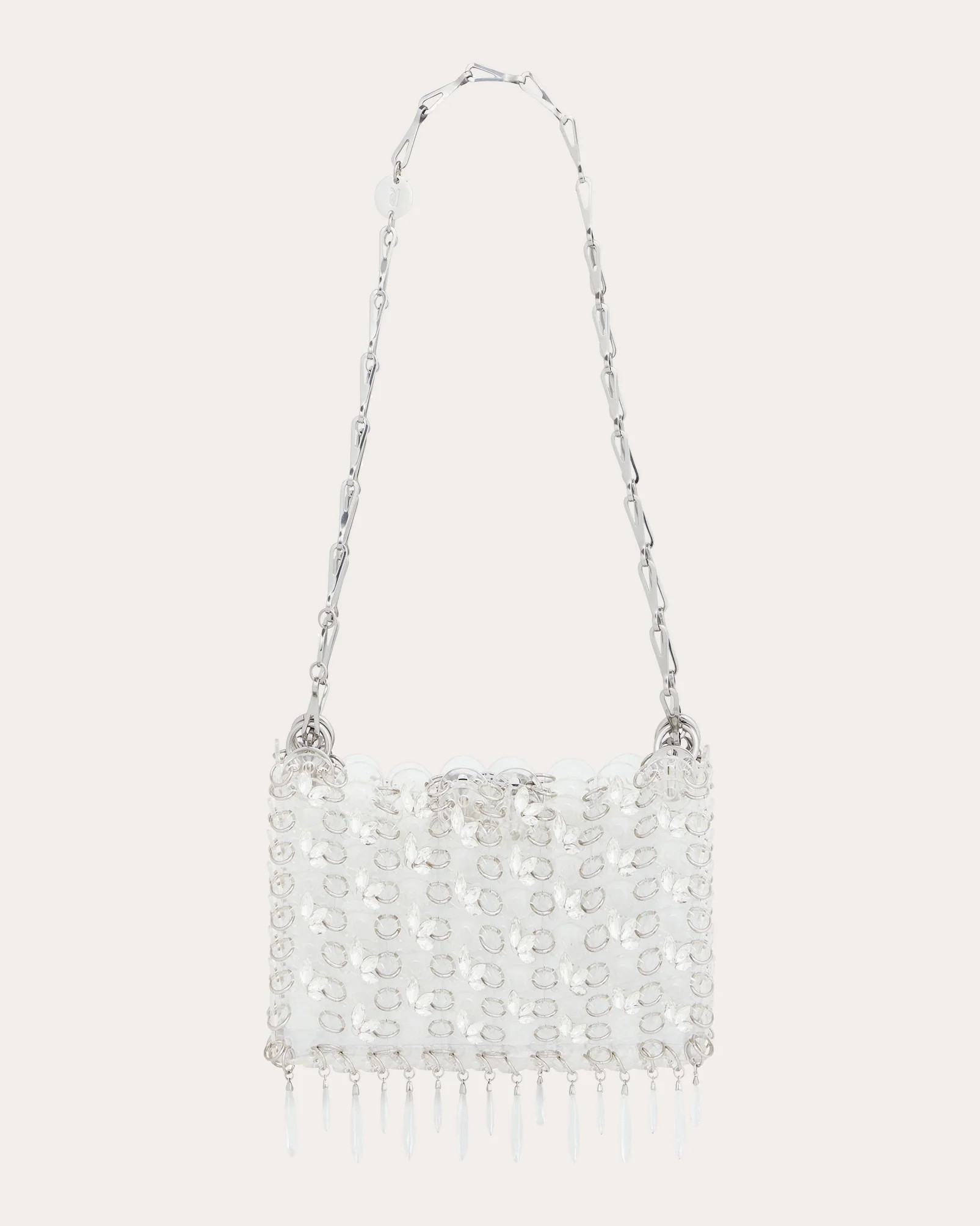 Rabanne Women's 1969 Nano Fringed Crystal Embellished Shoulder Bag in Transparent / Silver Metal/Acrylic | Olivela