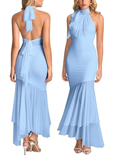 HTZMO Women Halter Tie Formal Wedding Guest Maxi Dress Sexy Backless Bow Bodycon Ruched Cocktail Party Long Dresses Blue M | Amazon (US)