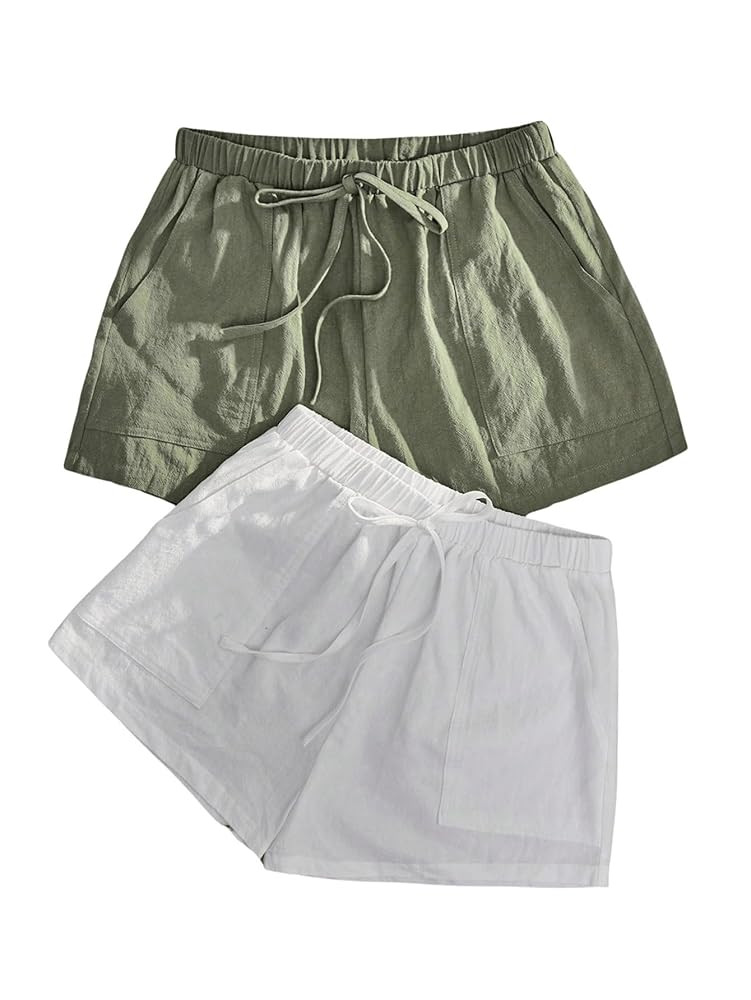 SweatyRocks Women's 2 Pack Linen Shorts with Pocket High Waist Wide Leg Summer Shorts | Amazon (US)