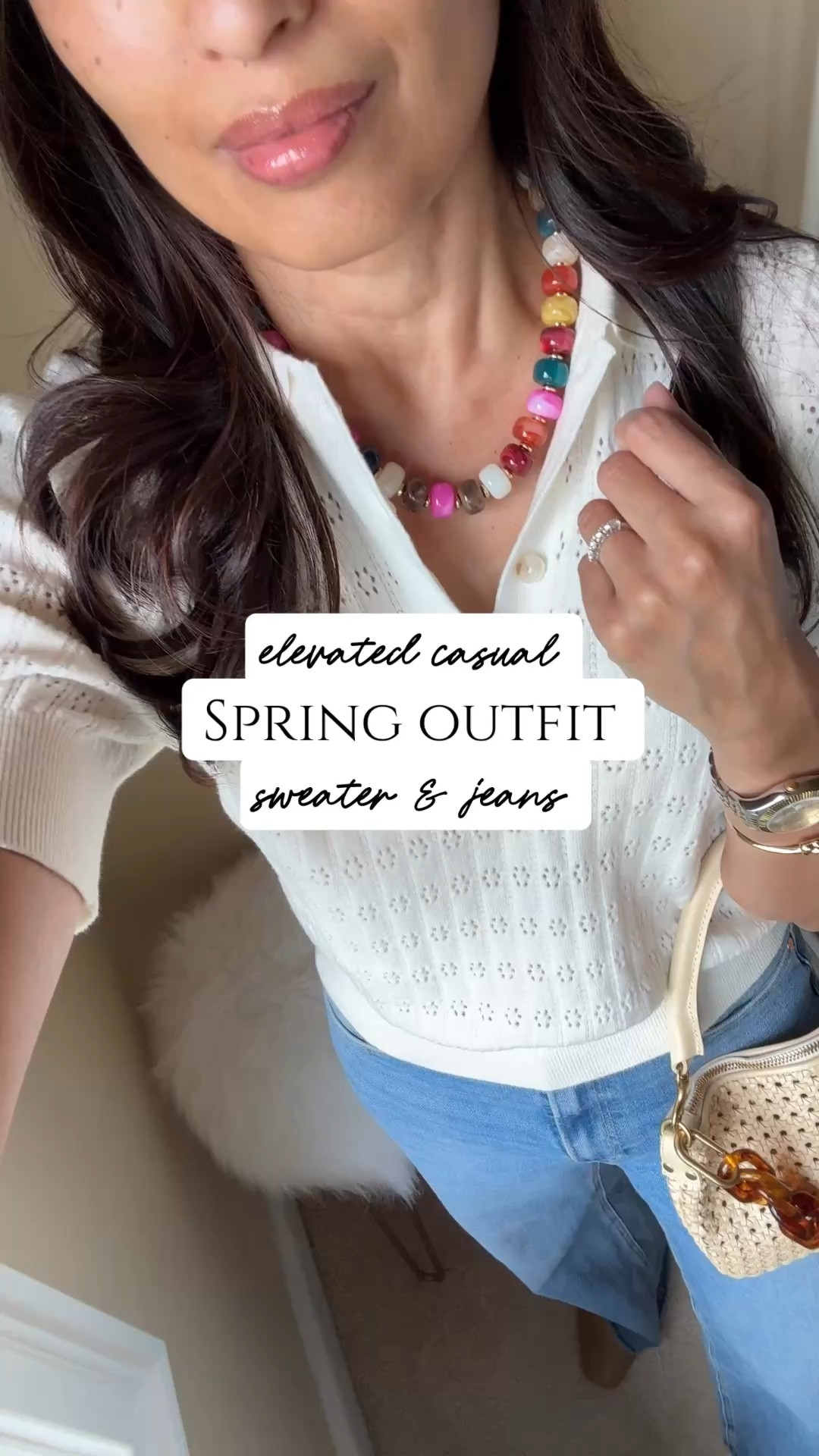 Elevated casual spring outfit: sweater & jeans. 
- Lots of still cool days ahead. Spring weight sweaters and jeans for easy outfits.  Elevate with accessories and shoes. 
If you are shopping:
- This is a short sleeve sleeve version of my favorite spring sweaters. I have a few of the long sleeve sweaters in various styles from over the years. This exact sweater is currently on sale for around $20. Could be dressed up for the office  True to size. 
- Jeans are premium and would be worth the splurge for you if you like a classic wide leg with stretch for comfort. True to size. 
- Necklace is a good look for less option; around $15. Multiple colors available. I have a nice stone necklace that I have worn for years and wanted a different color, but didn’t want to invest. 
- Bracelet is a new style from one of my favorites for good quality timeless everyday bracelets. 
- Ballet flats are an investment and would be worth it for you if you wear flats often and have trouble finding the right fit. True to size. 
- Woven handbag is another older piece that I use for spring, summer, and vacations. 
- Lipgloss is a good clean beauty choice with a nice color range. 


#LTKOver40