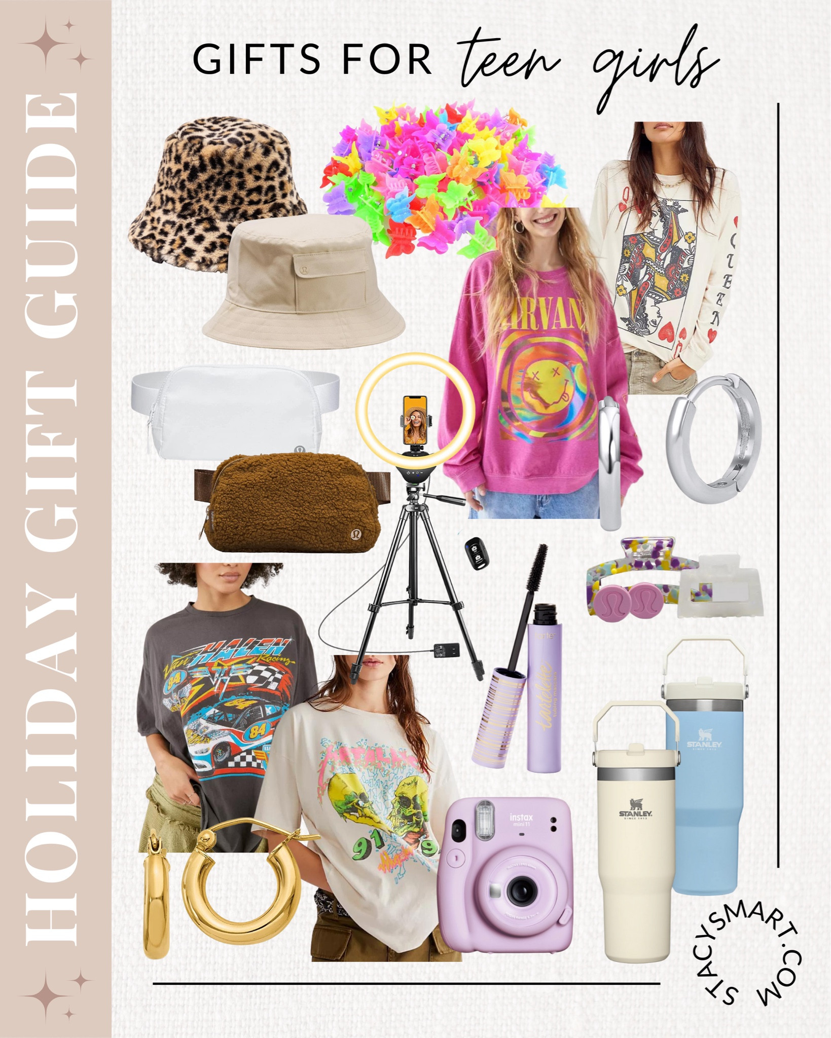 gift guide, teen girl gift guide, selfie stick, tripod, ring light, tshirts, bucket hat, polaroid camera, butterfly clips, claw clip, stanley cup, mascara, tarte mascara, hoop earrings, gold hoops, silver hoops, graphic sweatshirts #LTKHoliday #LTKGiftGuide #LTKSeasonal