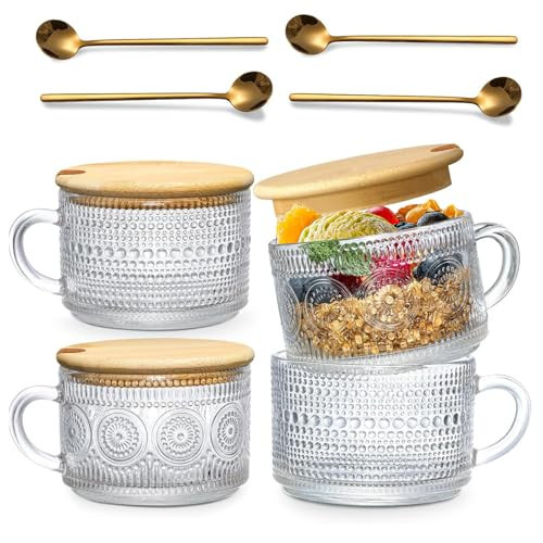 4pcs Vintage Coffee Mugs 14oz, Overnight Oats Containers with Bamboo Lids and Spoons - Clear Embossed Glass Cups, Cute Coffee Bar Accessories, Iced Coffee Glasses, Clear Cups vintage gifts for women | Amazon (US)
