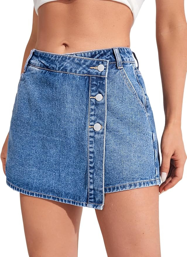 WDIRARA Women's High Waisted Button Front Denim Skort Asymmetrical Hem Skirt Shorts | Amazon (US)