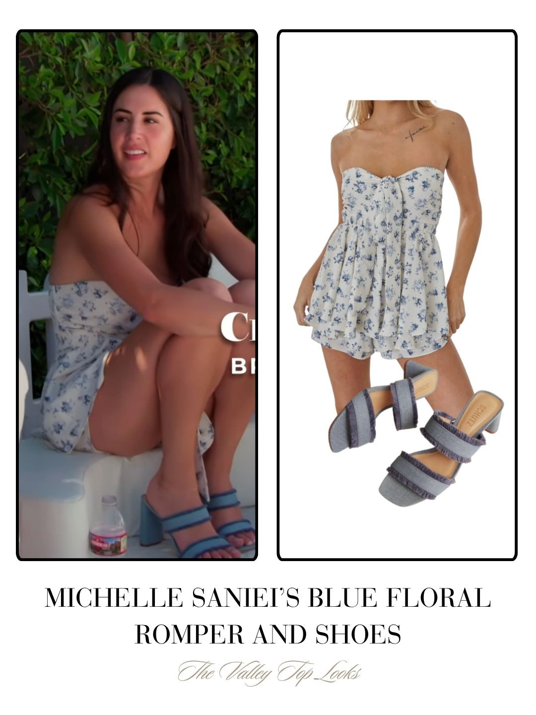 Michelle Saniei's Blue and White Floral Romper and Blue Sandals (sandals linked in a lower heel) 

 