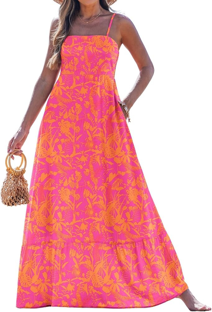 popvil Women Summer Maxi Dress 2026 Spaghetti Strap Long Beach Dress Boho A-Line Flowy Casual Sle... | Amazon (US)