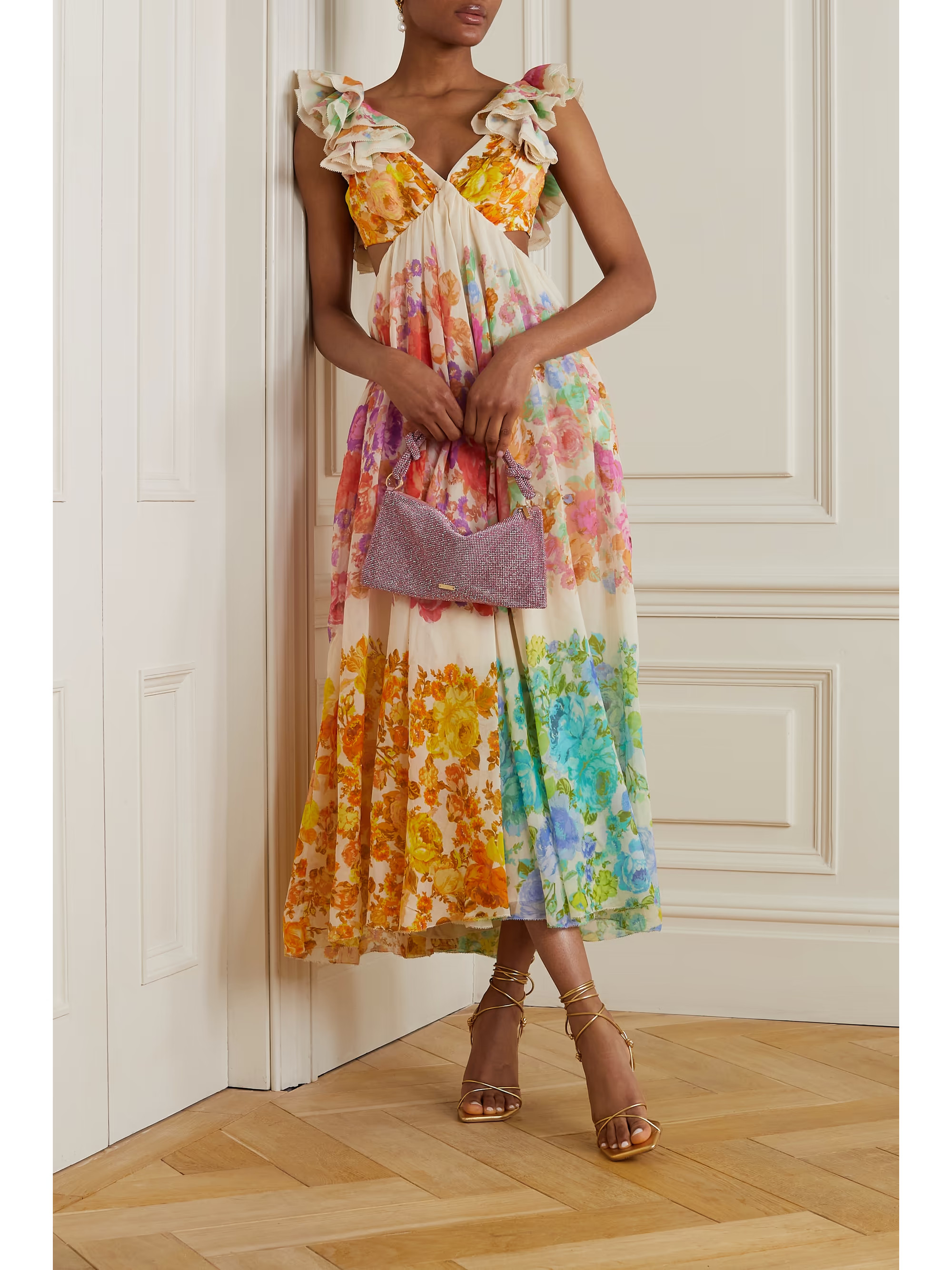 ZIMMERMANN Raie cutout ruffled printed silk-chiffon midi dress | NET-A-PORTER | NET-A-PORTER (US)