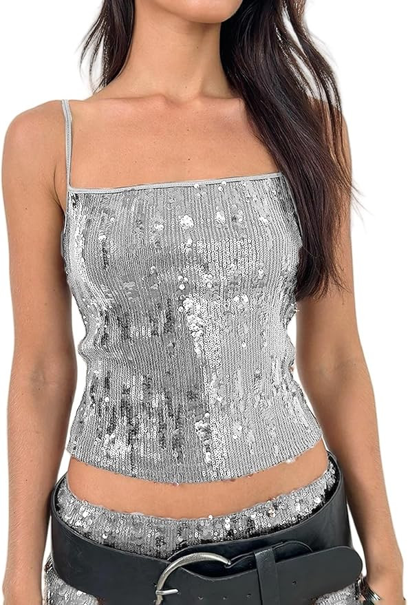 Seyumixi Women Sparkly Cami Top Sequin Spaghetti Strap Glitter Crop Top Sleeveless Going Out Tops... | Amazon (US)