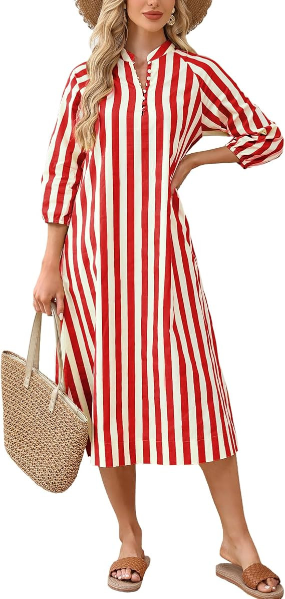 Women Summer Striped Button Down Long Maxi Dress Loose Fit 3/4 Sleeve Cotton Caftan Shirt Dress w... | Amazon (US)