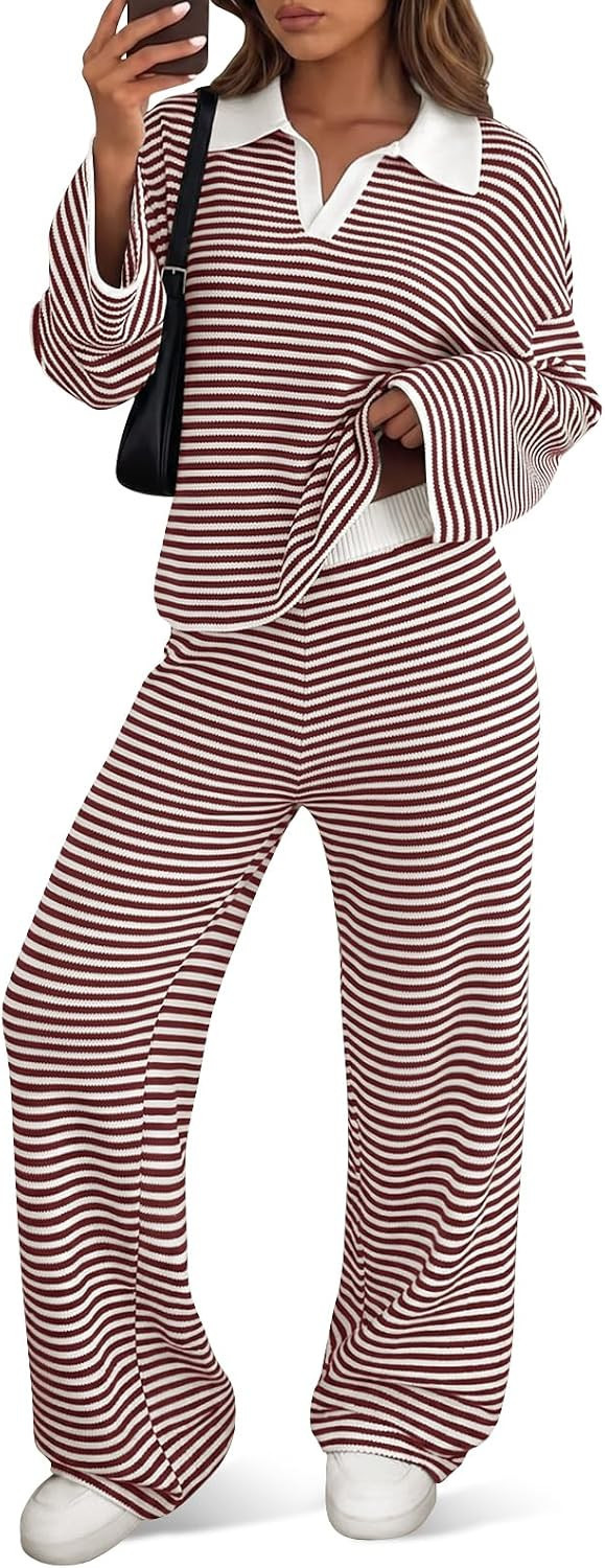 Saodimallsu Womens Striped Sweater Sets 2 Piece Casual Knit Lounge Outfits | Amazon (US)