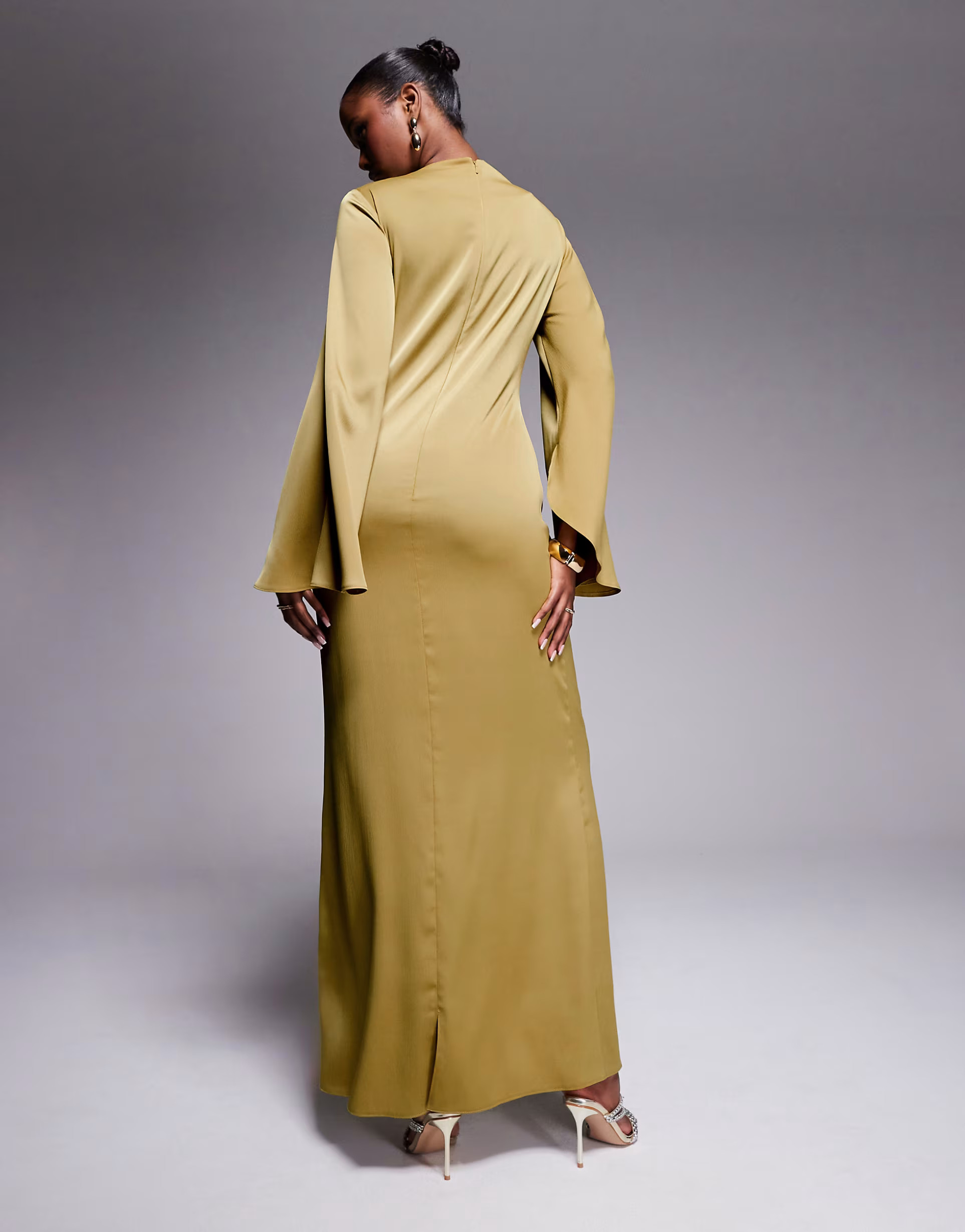 ASOS DESIGN exaggerated sleeve bias maxi dress with ruched waist in gold | ASOS (Global)