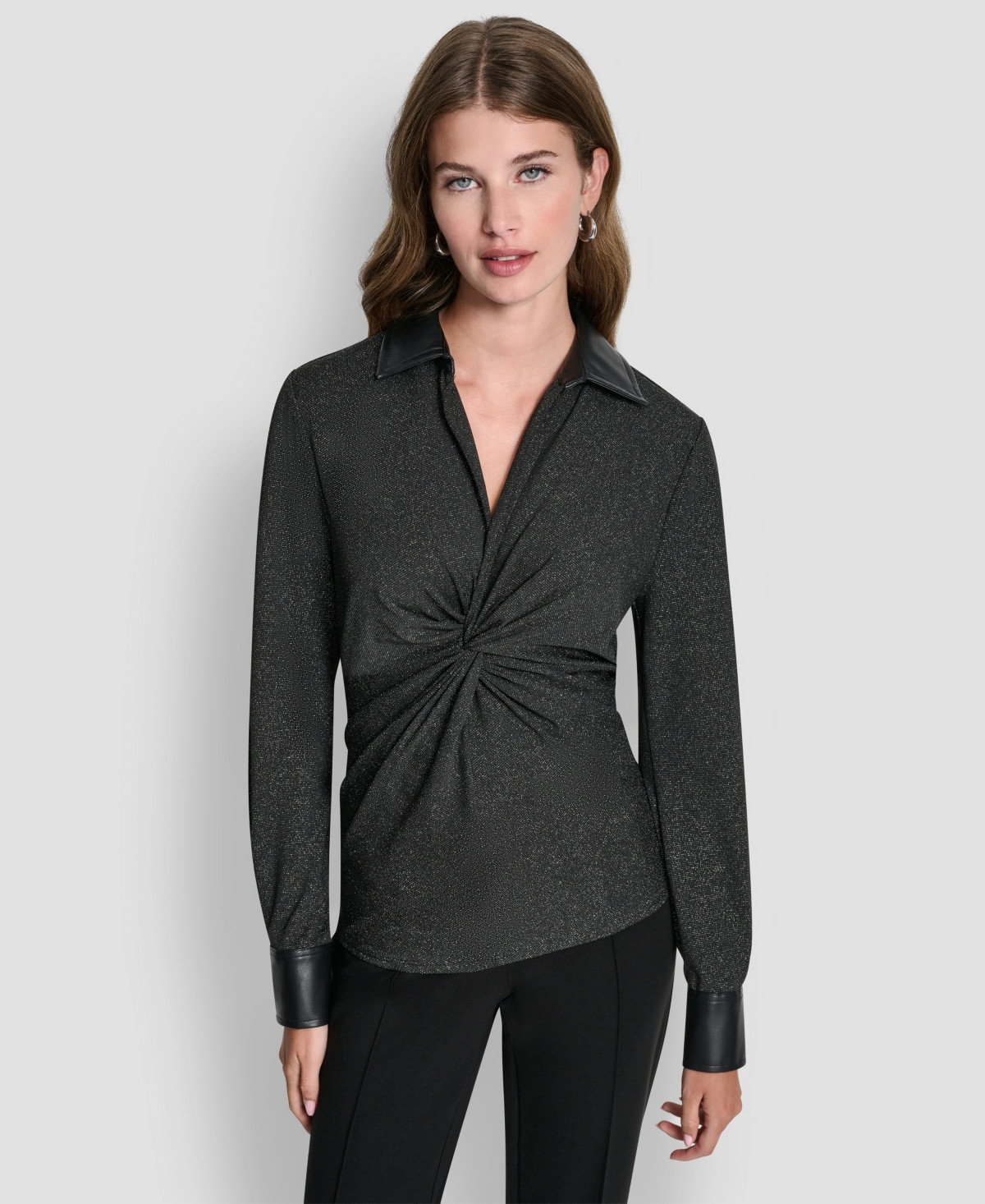 Dkny Women's Knit Twist Front V-Neck Top - Black/silver | Macy's