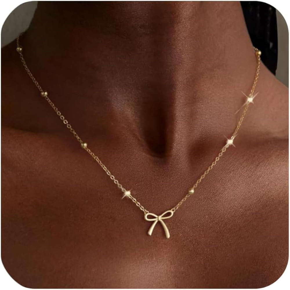 Dainty Bow Necklace for Women 14K Gold Plated Cute Choker Small Pendant Charm Necklaces Teen Gift... | Amazon (US)