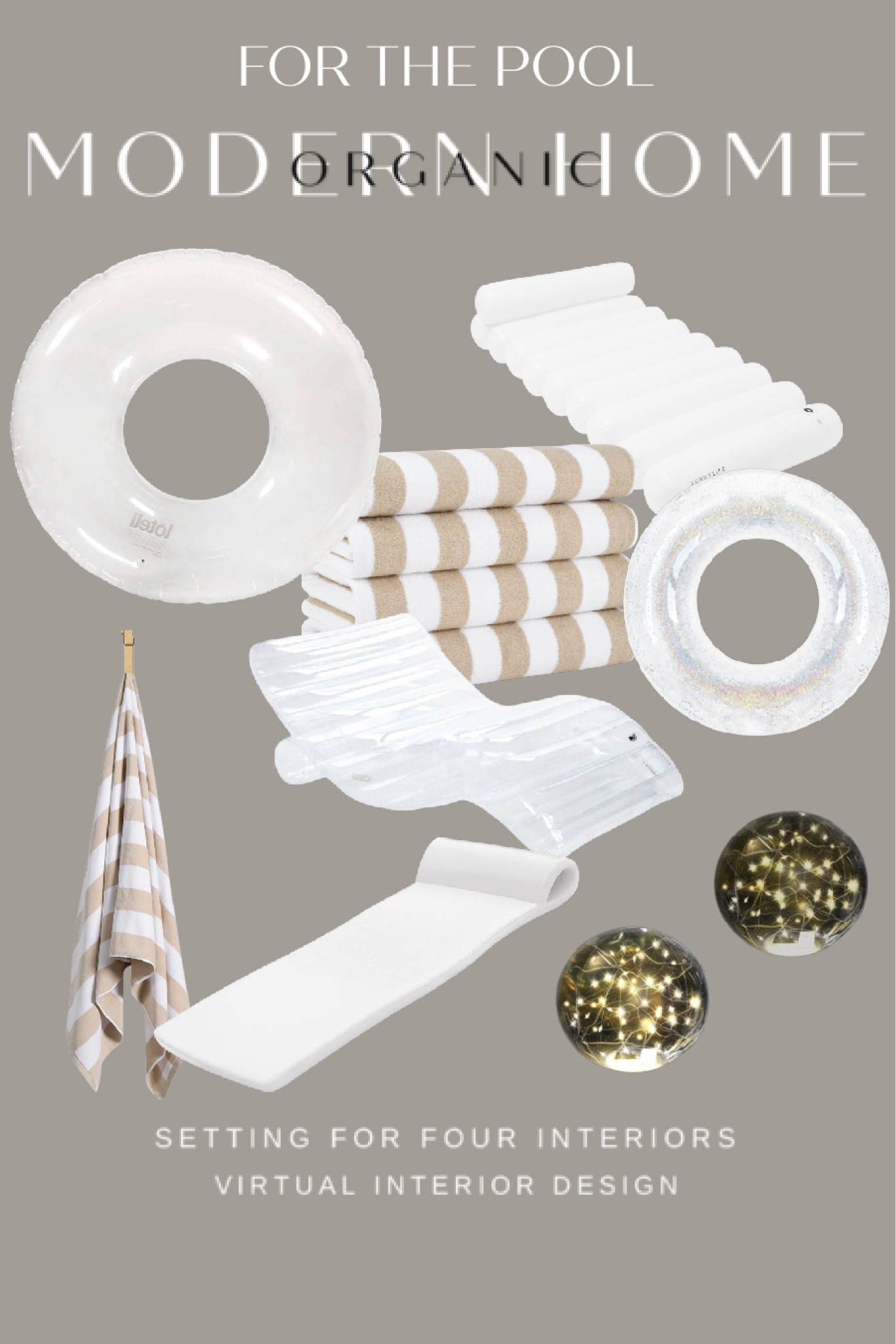 Pool day- organic modern,
neutral pool floats,  pool rings, pool lights and beach towels.

White, beige, clear, floating lights, cabana stripe, modern, pool decor, Amazon home, Amazon finds, founditonamazon, earthy, transitional, classic 

#LTKFindsUnder50 #LTKSaleAlert #LTKHome