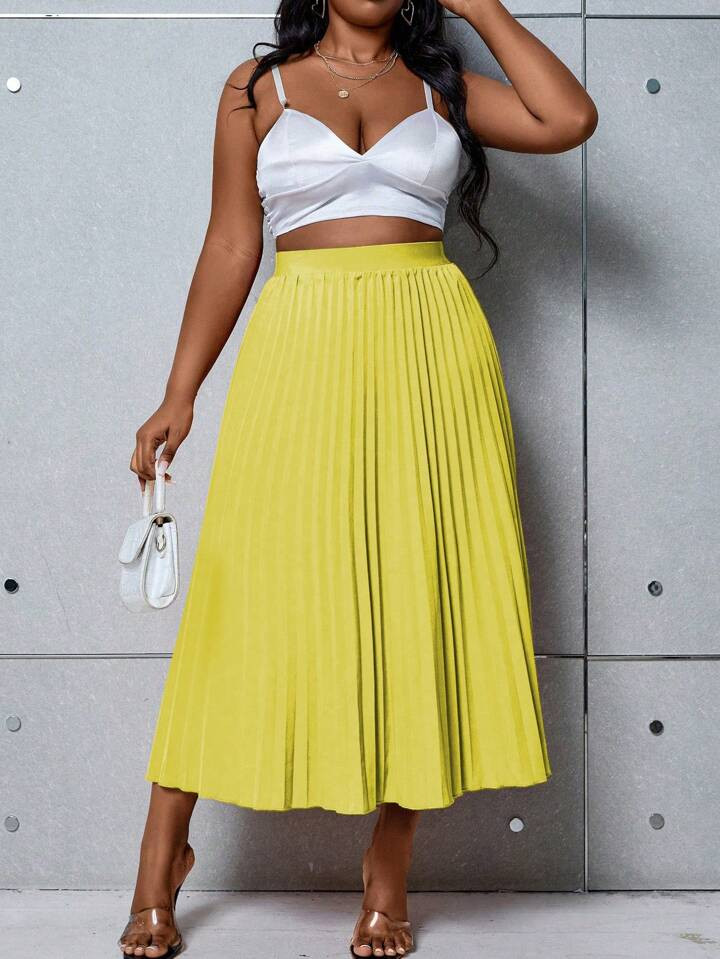 Celure Plus Size Women Solid Color Pleated Skirt With Elegant Style | SHEIN