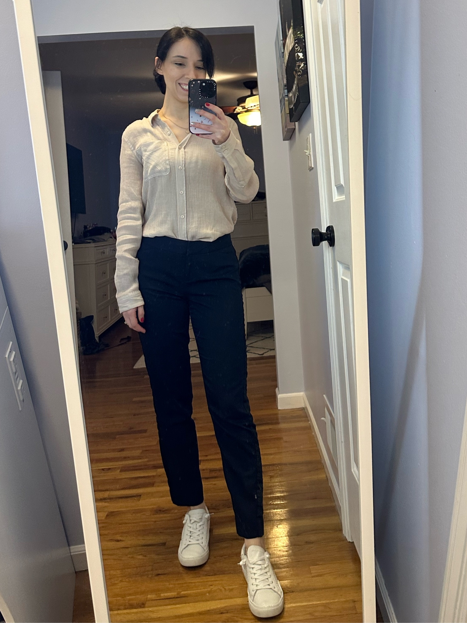 Tan button down, blue dress pants, white sneakers, gold necklace, ear cuff, work outfit, easy outfit, causal outfit 

#LTKstyletip #LTKworkwear #LTKfindsunder100