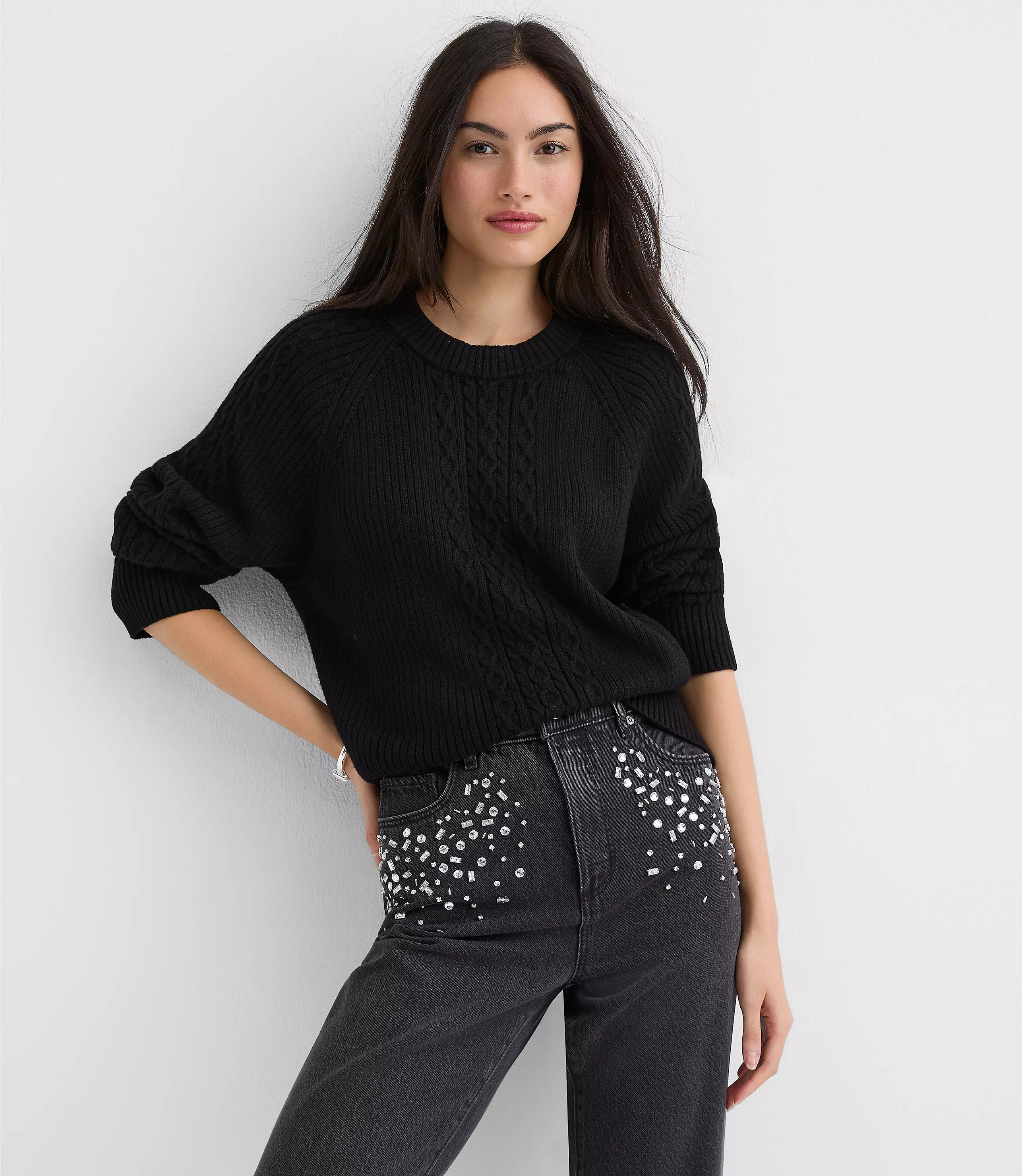 Petite Ribbed Cable Sweater | LOFT