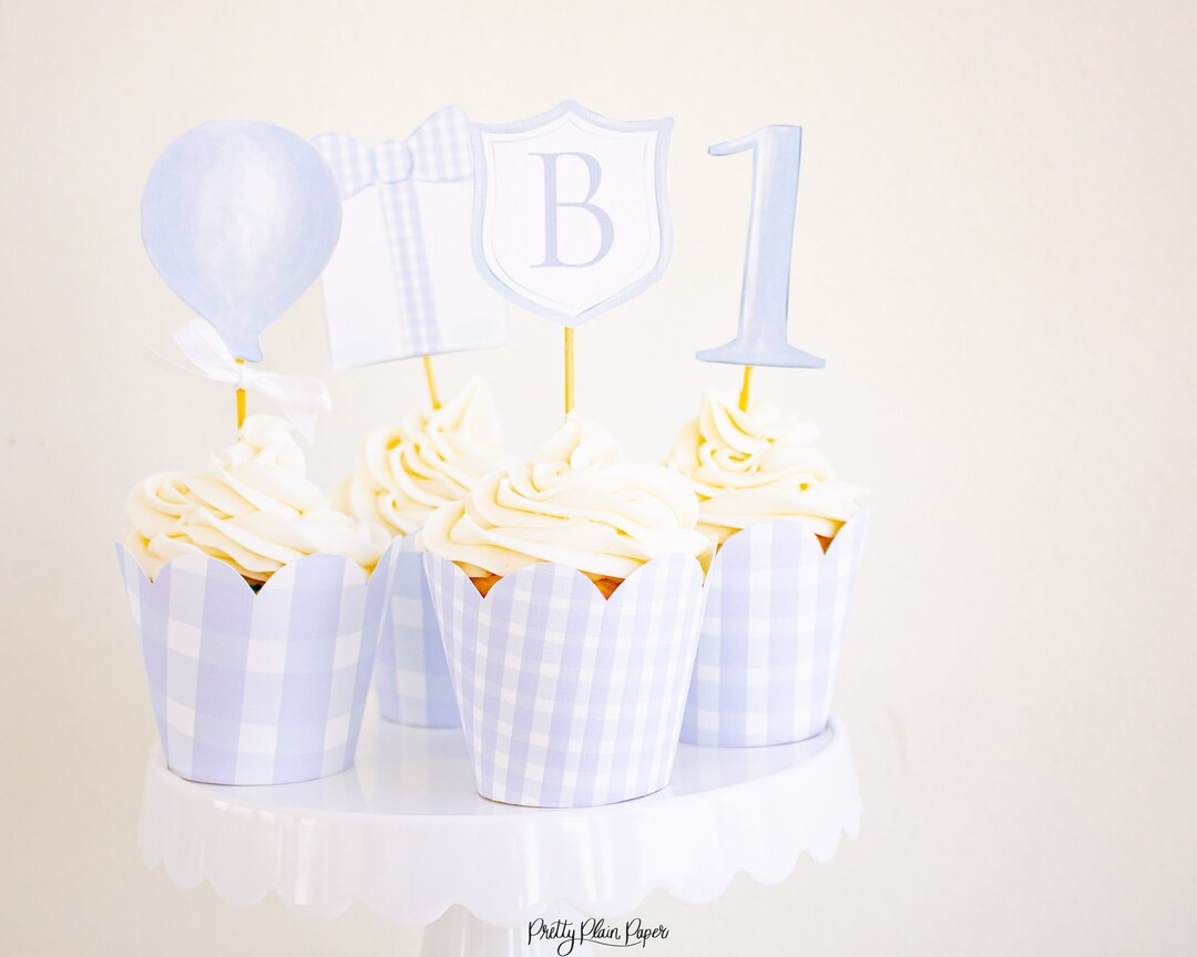 Watercolor Blue ONE, Balloon & Crest Monogram Cupcake Toppers | Monogram Crest Cupcake Toppers | ... | Etsy (US)