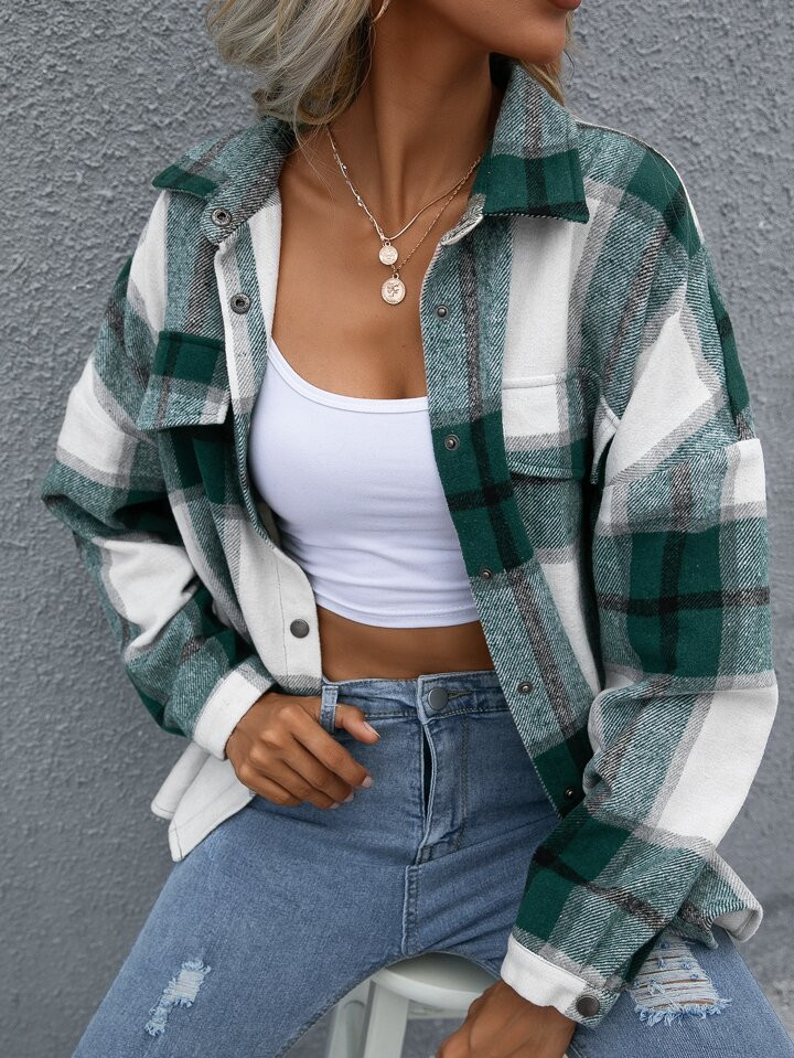 SHEIN LUNE Plaid Flap Pocket Drop Shoulder Jacket | SHEIN