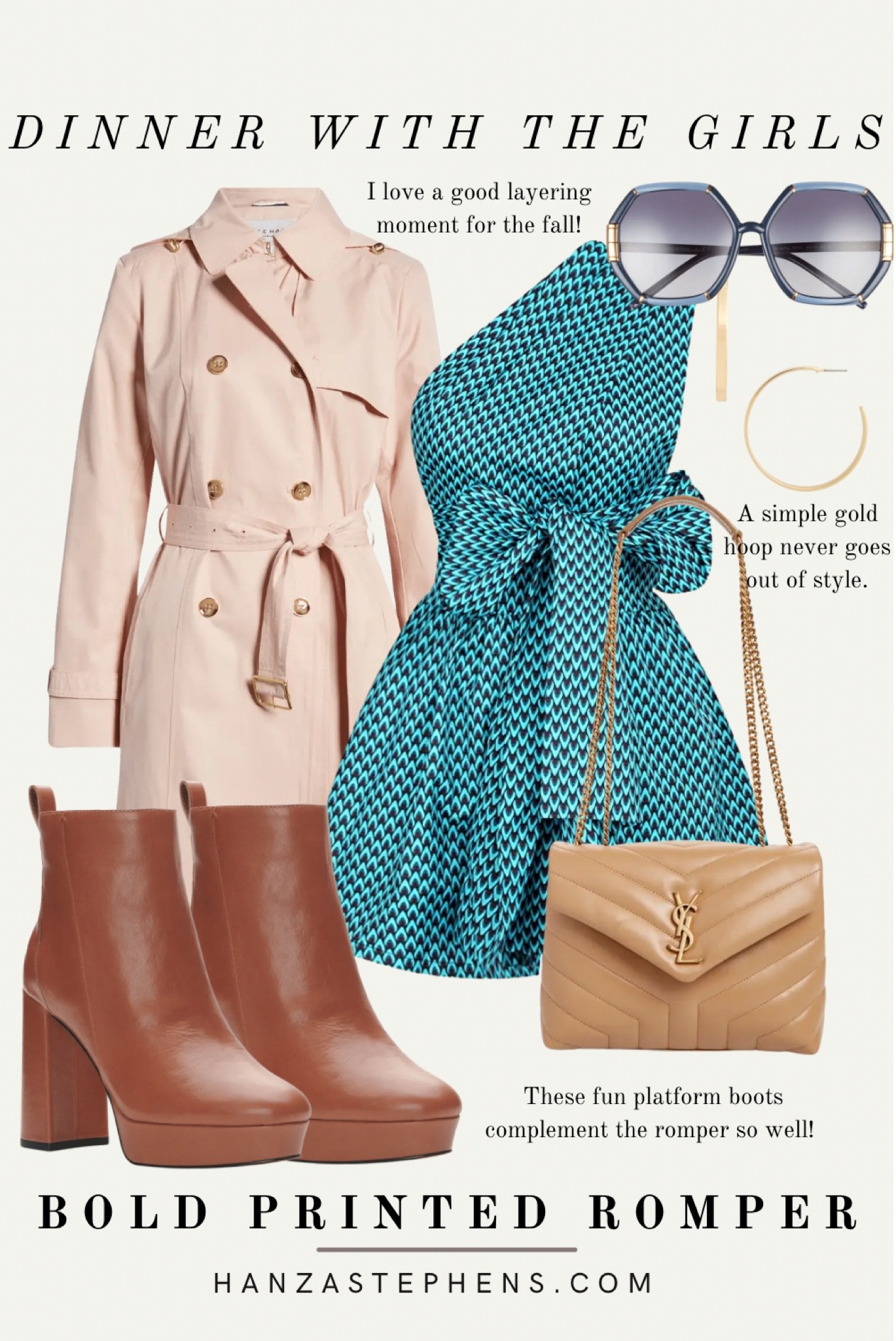Styling a boldly printed romper four ways! I love this look for dinner out. The platform booties are so versatile, and a trench coat is such a fall wardrobe staple

#LTKstyletip #LTKshoecrush #LTKSeasonal