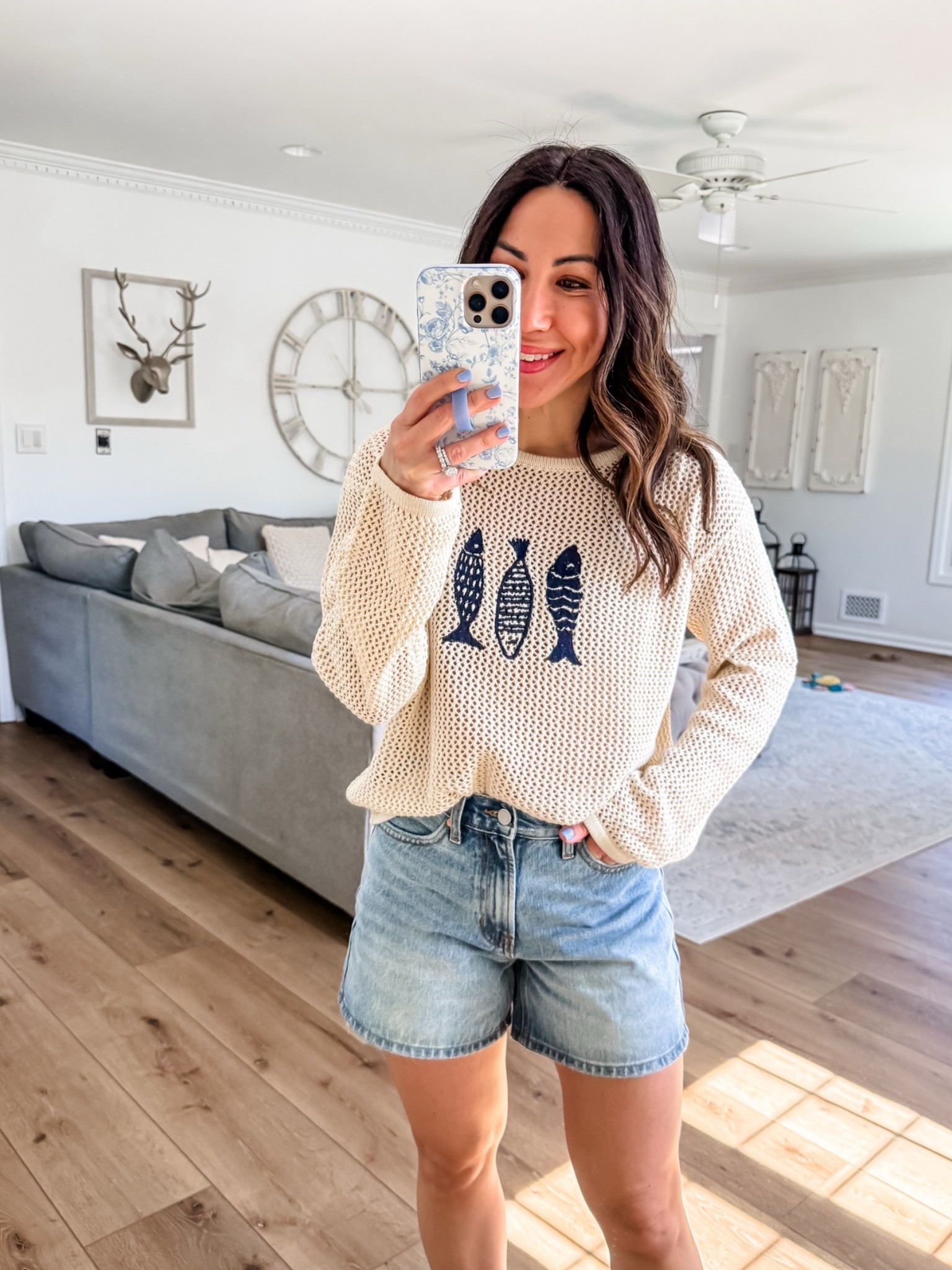 Small denim shorts. Small crochet sweater.

#LTKOver40