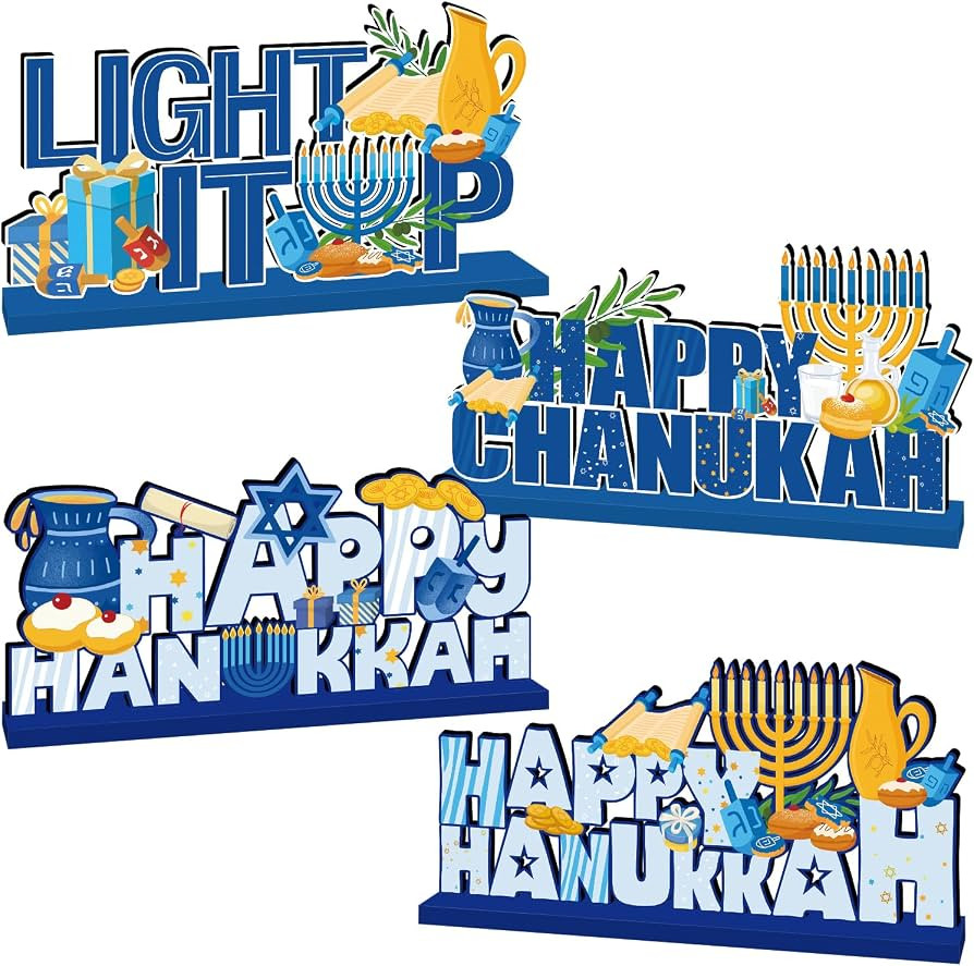 4 Pack Hanukkah Decorations Hanukkah Wooden Table Centerpieces Menorah Dreidel Star of David Sign... | Amazon (US)