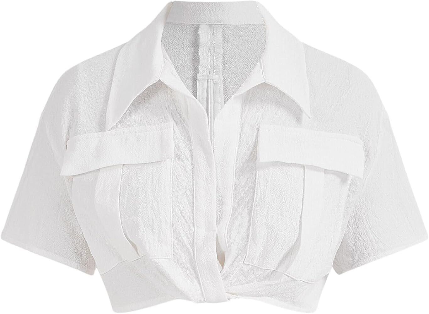 Verdusa Women's Short Sleeve Collar Neck Flap Pocket Twist Front Crop Top Shirts | Amazon (US)