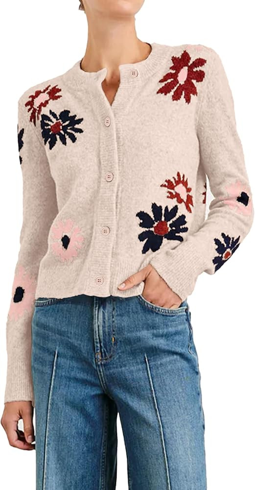 Cardigan Sweaters for Women Cropped Button Down Sweater Long Sleeve Crew Neck Knit Floral Print O... | Amazon (US)