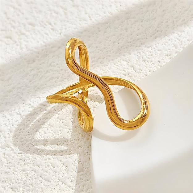 Chunky Rings For Women, Gold Silver Thumb Ring Asymmetrical Wavy Curve Ring Adjustable Non Tarnis... | Amazon (US)