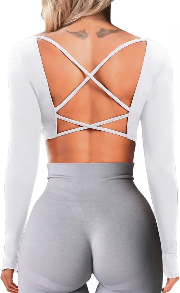 TZLDN Women Long Sleeve Crop Tops Workout Open Back Gym Compression Shirts Athletic Backless Spor... | Amazon (US)