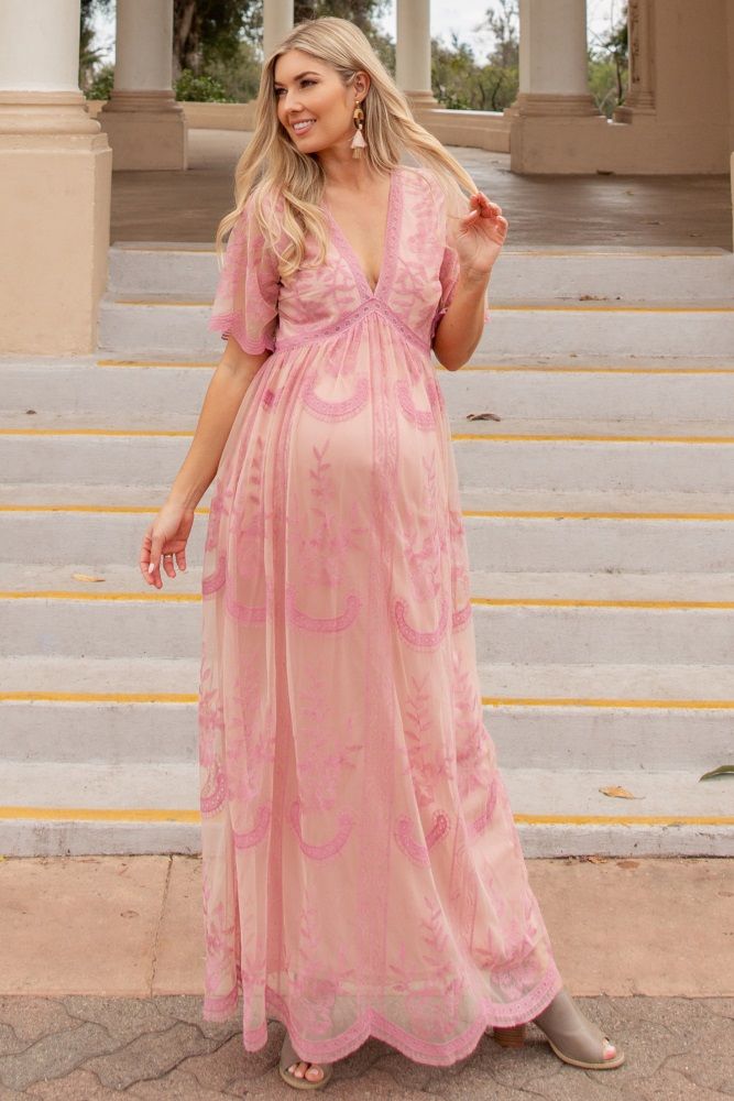 Pink Lace Mesh Overlay Maternity Maxi Dress | PinkBlush Maternity
