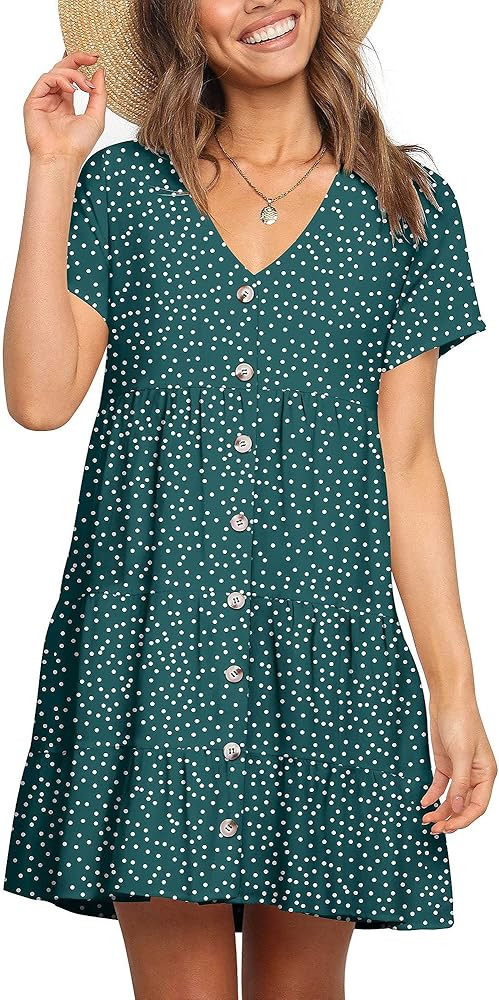liher Women's Polka Dot V Neck Button Dress Summer Casual Loose Pleated Swing Dresses | Amazon (US)