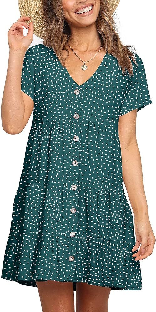 liher Women's Polka Dot V Neck Button Dress Summer Casual Loose Pleated Swing Dresses | Amazon (US)