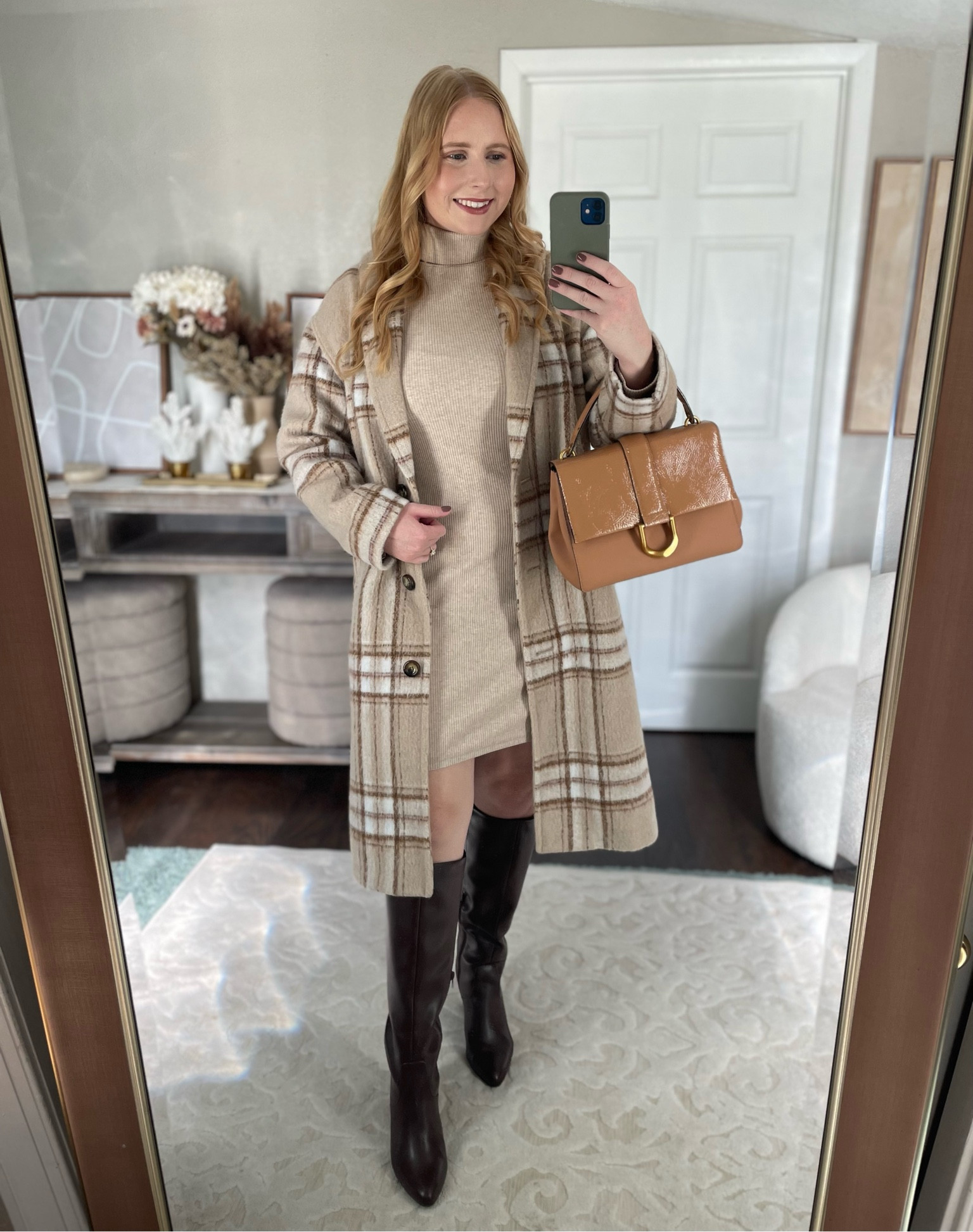 Ribbed sweater dress with a long plaid shirt jacket both size medium, worn with chocolate brown faux leather knee high boots 

#LTKfindsunder50 #LTKSeasonal #LTKmidsize