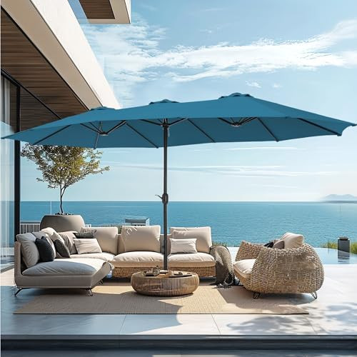 PHI VILLA 15ft Large Patio Umbrellas with Base Included, Outdoor Double-Sided Rectangle Market Umbrella with Crank Handle, for Poolside Lawn Garden, Cyan | Amazon (US)