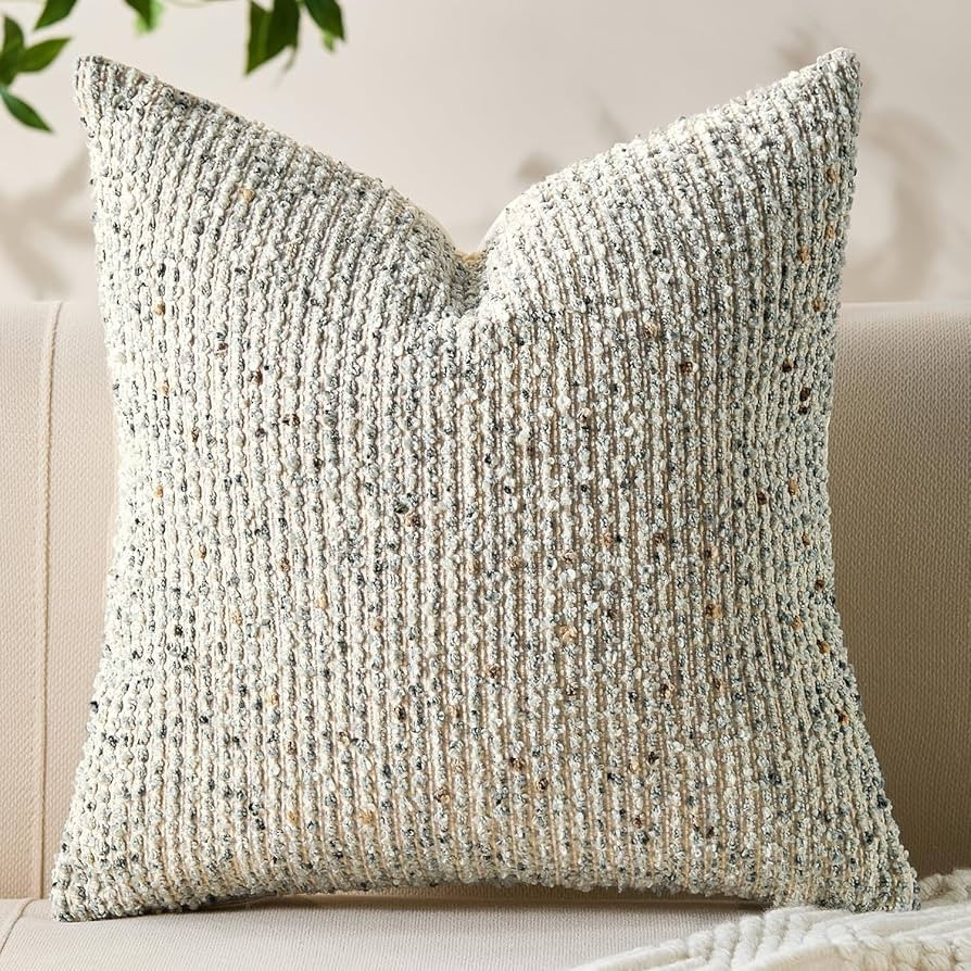 Decorative Couch Throw Pillow Covers 18x18 Cream White Striped Soft Wool Pillow Covers Neutral Te... | Amazon (US)