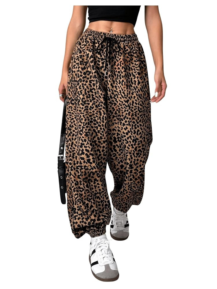 OYOANGLE Women's Leopard Print Drawstring Elastic Waist Jogger Pants Y2k Loose Casual Sweatpants | Amazon (US)