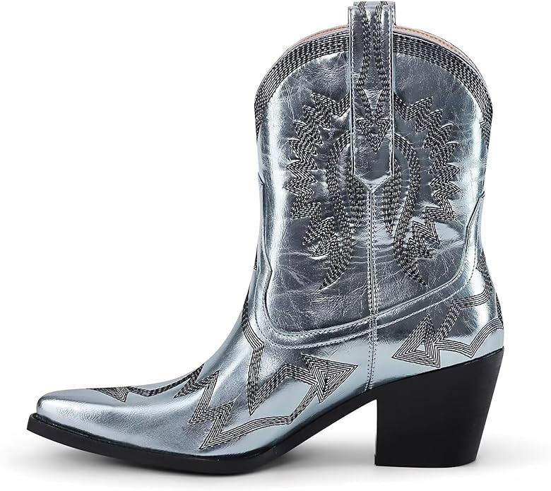 Metallic Embroidered Cowgirl Boots For Women Pointed Toe Western Boots Chunky Heel Pull On Short ... | Amazon (US)