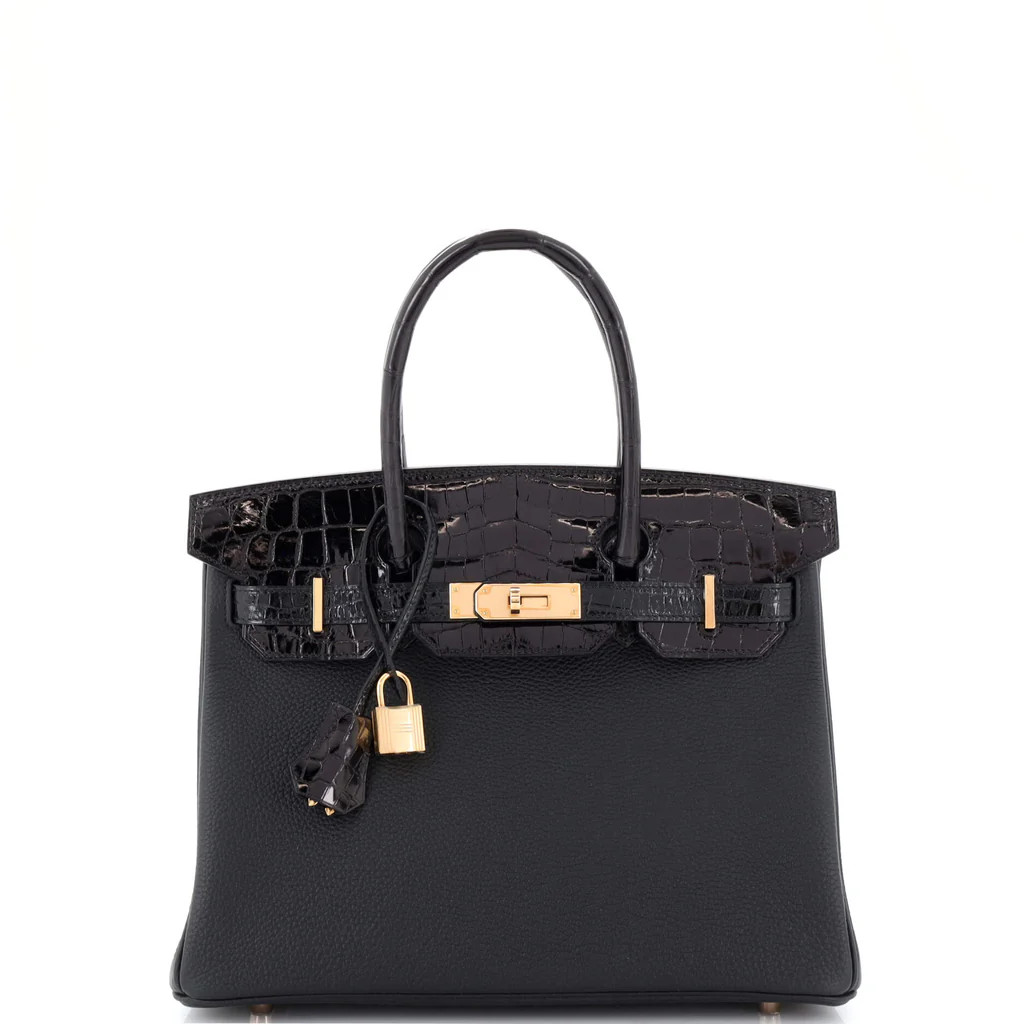 Touch Birkin Bag Noir Togo with Shiny Niloticus Crocodile with Rose Gold Hardware 30 | Rebag