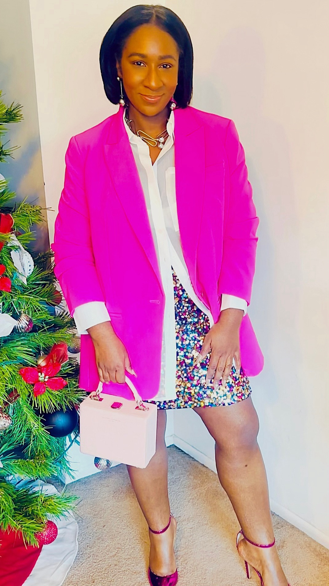 Filmed a few holiday looks for y’all the morning of my surgery. Just something to get you started as we close out the year! #HolidayOutfitInspo #PopOfPink #WhiteElephantOutfit #StatementBlazer #MetallicShoes

#LTKootd #LTKMidsize #LTKOver40