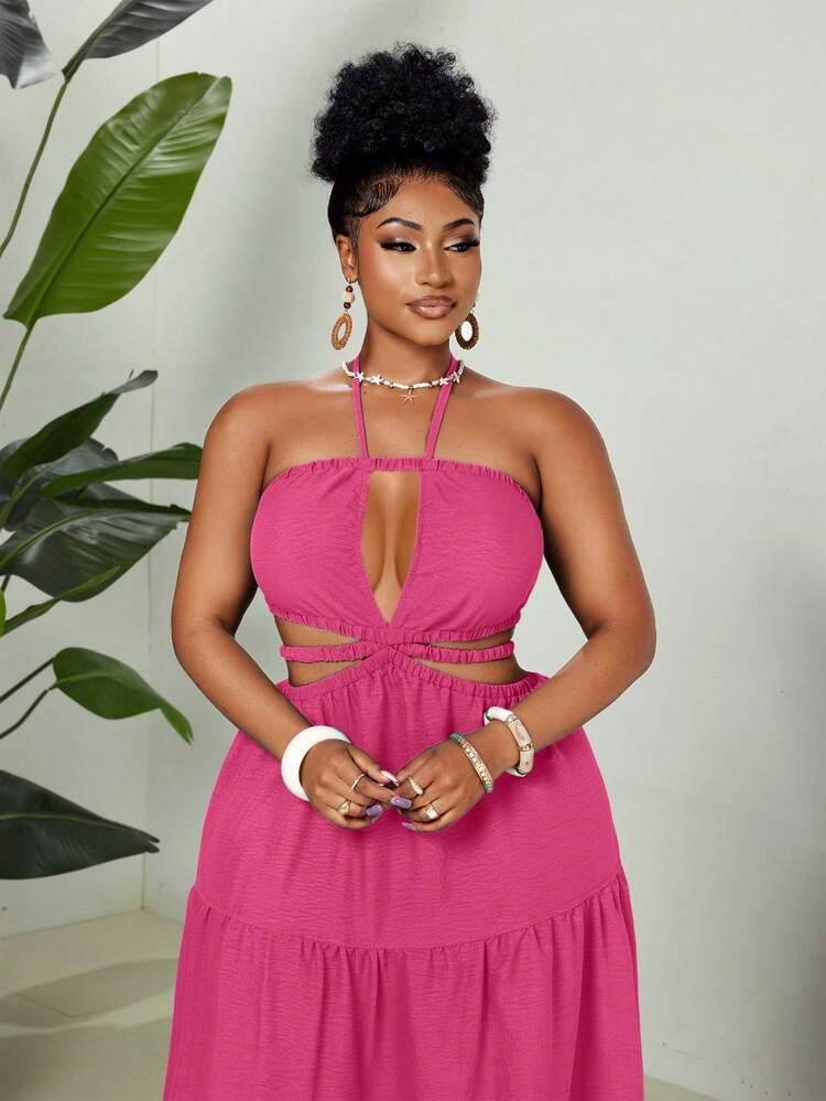 Maweii Plus Size Halter Neck Hollow Out Backless Sexy Sleeveless Dress | SHEIN