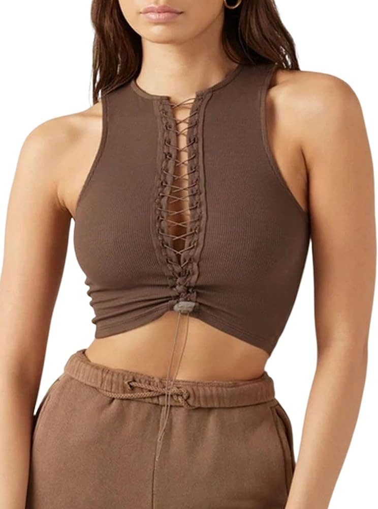 Remidoo Women's Sexy Lace Up Front Patchwork Contrast Stitch Crop Tank Top | Amazon (US)