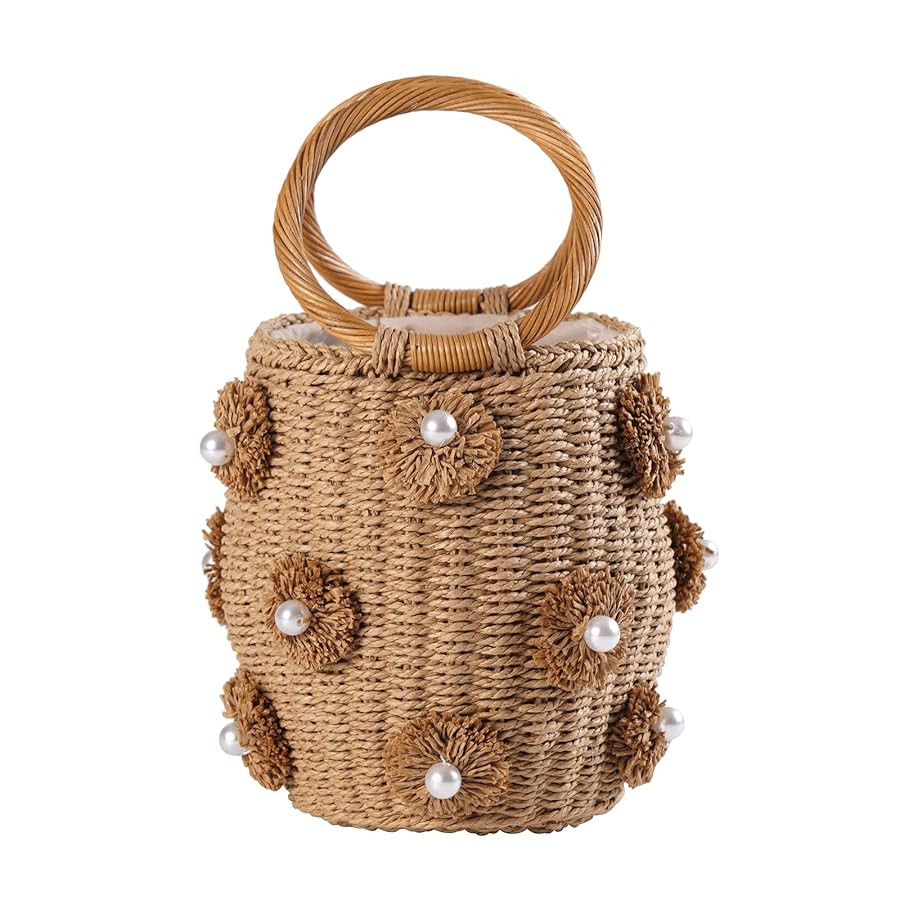 Pearl Flower Straw Woven Tote Bag Summer Beach Rattan Handle Bucket Bag Straw Purses and Handbags... | Amazon (US)