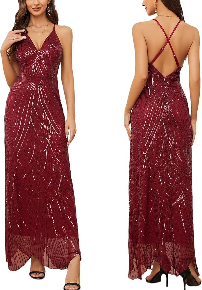 Women's V Neck Spaghetti Straps Sequin Sparkly Glitter Irregular Hem Prom Dress Bcakless Maxi Eve... | Amazon (US)